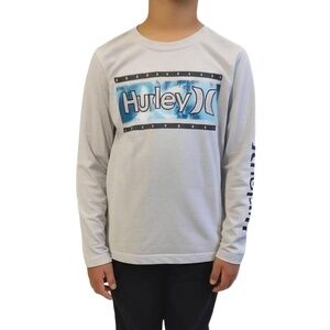 HURLEY Long Sleeve T-Shirt Boys Size M 10-12 Heather Grey Graphic Print Surf‎